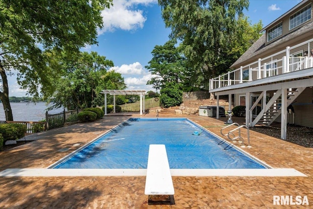 1 S Shore Ln, Rapids City, IL 61278 - view of swimming pool with a pergola, stairs, a diving board, a patio area, and a wooden deck
