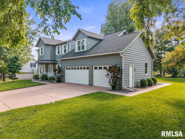 6470 James Rd, Bettendorf, IA 52722 - traditional-style house with a shingled roof, concrete driveway, a front yard, and an attached garage