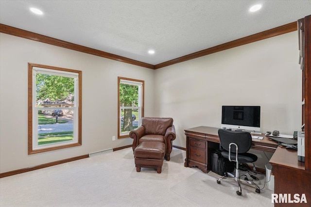 6470 James Rd, Bettendorf, IA 52722 - carpeted office space featuring crown molding, recessed lighting, and a textured ceiling
