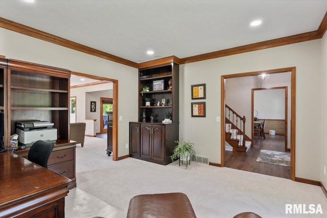 6470 James Rd, Bettendorf, IA 52722 - carpeted office space featuring ornamental molding and recessed lighting