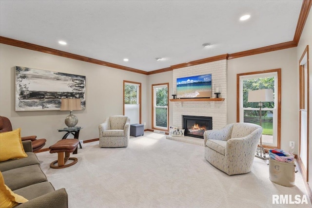 6470 James Rd, Bettendorf, IA 52722 - carpeted living area featuring a brick fireplace, crown molding, and recessed lighting