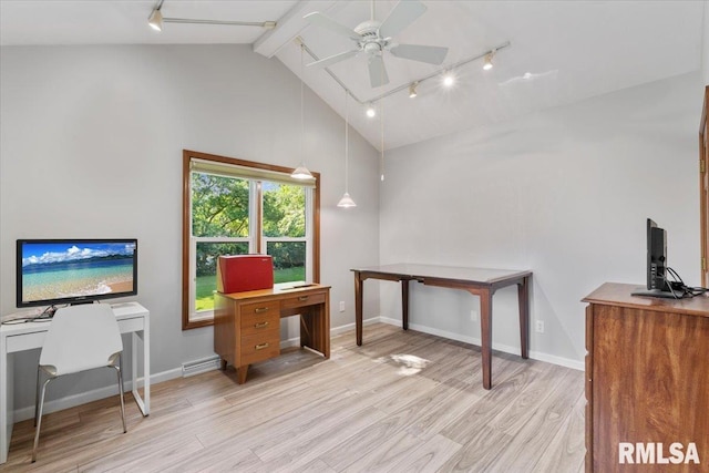 6470 James Rd, Bettendorf, IA 52722 - home office with track lighting, ceiling fan, light wood finished floors, beamed ceiling, and high vaulted ceiling