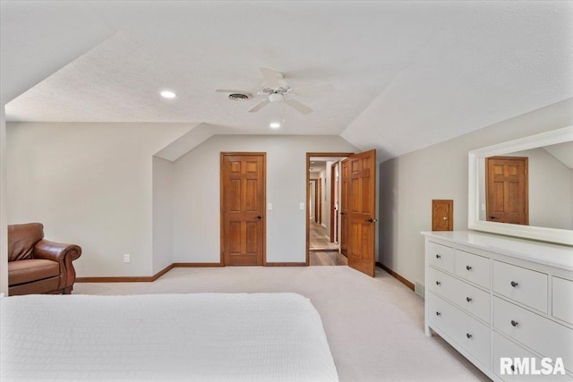 6470 James Rd, Bettendorf, IA 52722 - bedroom with light carpet, lofted ceiling, a ceiling fan, and recessed lighting