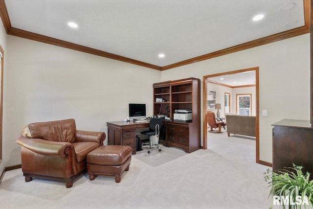 6470 James Rd, Bettendorf, IA 52722 - office space with carpet flooring, crown molding, and recessed lighting
