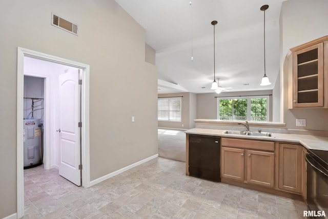 2997 3rd St Unit 206, Moline, IL 61265 - kitchen featuring lofted ceiling, black dishwasher, open floor plan, pendant lighting, and light countertops