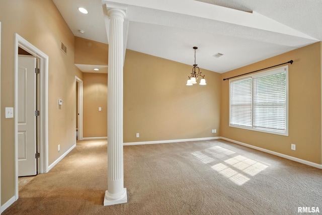 2997 3rd St Unit 206, Moline, IL 61265 - unfurnished room featuring decorative columns, vaulted ceiling, carpet, and recessed lighting