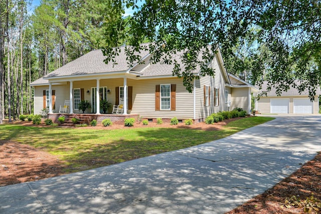 116 Barrett Mill Rd, Waynesboro, GA 30830 - view of front of property with covered porch, crawl space, a shingled roof, a front yard, and an outbuilding