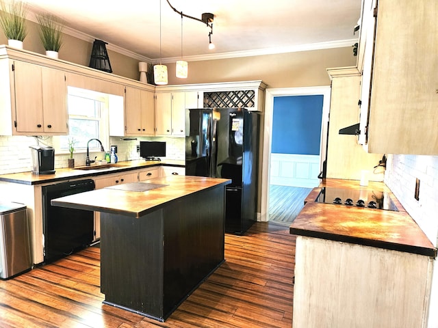 4614 Stoneridge Ct, Evans, GA 30809 - kitchen with black appliances, a sink, dark wood-style flooring, wainscoting, and decorative backsplash