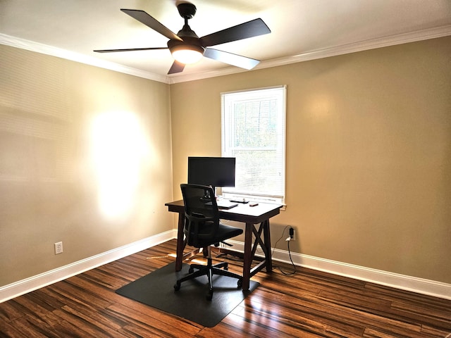 4614 Stoneridge Ct, Evans, GA 30809 - office space featuring baseboards, ornamental molding, ceiling fan, and dark wood-style floors