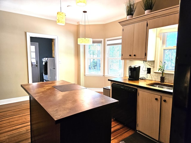 4614 Stoneridge Ct, Evans, GA 30809 - kitchen with dishwasher, washer / clothes dryer, dark wood-style flooring, tasteful backsplash, and healthy amount of natural light