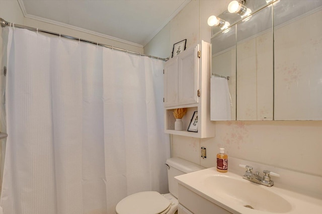 full bath with ornamental molding, toilet, and vanity