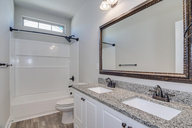 610 Turtle Crk Ln, Harlem, GA 30814 - bathroom featuring toilet, wood finished floors, bathtub / shower combination, and double vanity