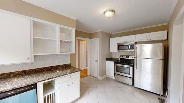 1443 Spring Hill Ter, Augusta, GA 30904 - kitchen featuring crown molding, white cabinetry, open shelves, and appliances with stainless steel finishes