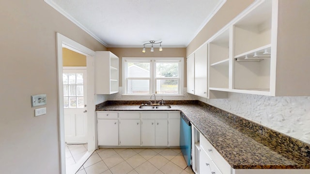 1443 Spring Hill Ter, Augusta, GA 30904 - kitchen with decorative backsplash, crown molding, open shelves, a sink, and dishwashing machine