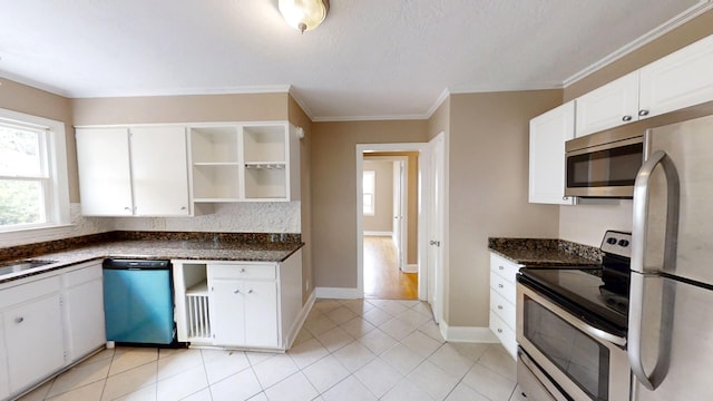 1443 Spring Hill Ter, Augusta, GA 30904 - kitchen featuring open shelves, stainless steel appliances, white cabinetry, baseboards, and light tile patterned floors