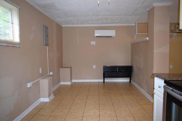1443 Spring Hill Ter, Augusta, GA 30904 - interior space featuring crown molding, electric range, a wall unit AC, electric panel, and white cabinets