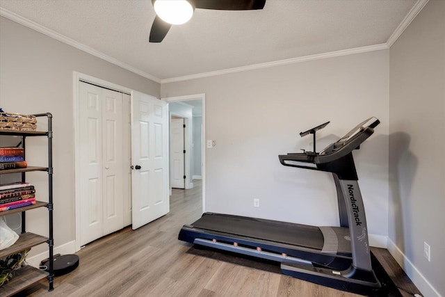 exercise area featuring crown molding, ceiling fan, hardwood / wood-style floors, and a textured ceiling