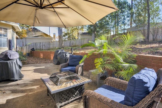 view of patio / terrace with an outdoor fire pit and a grill