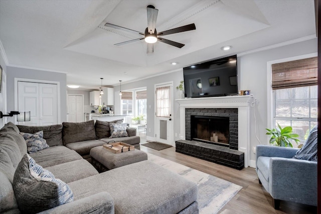 living room featuring a raised ceiling, crown molding, a fireplace, and light hardwood / wood-style flooring