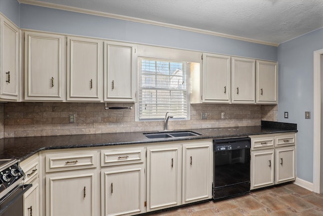 kitchen featuring cream cabinets, a sink, black dishwasher, decorative backsplash, and gas stove