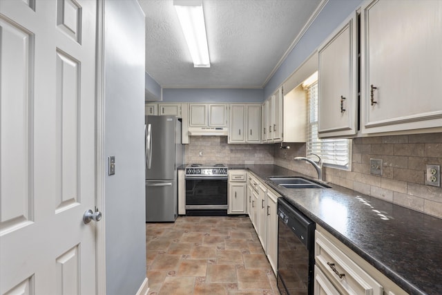 kitchen featuring under cabinet range hood, a sink, appliances with stainless steel finishes, tasteful backsplash, and dark countertops