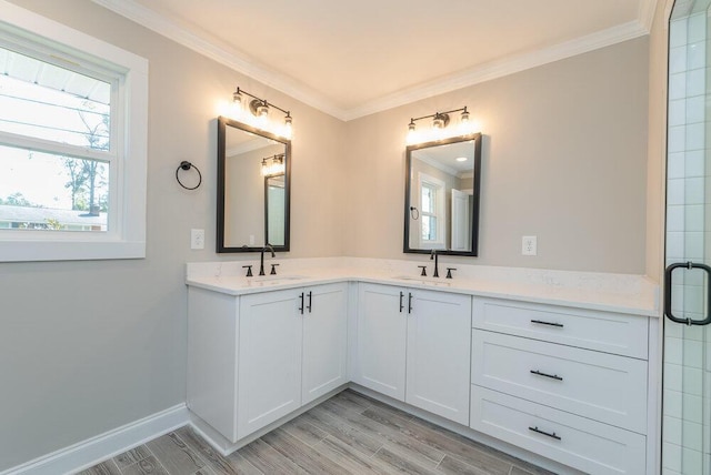 bathroom featuring vanity, wood-type flooring, and ornamental molding