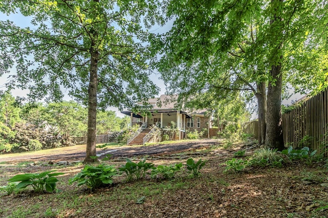 view of yard featuring a fenced backyard and stairs