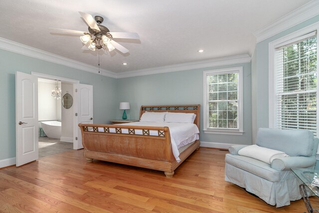 bedroom featuring light wood-style floors, baseboards, ornamental molding, and recessed lighting
