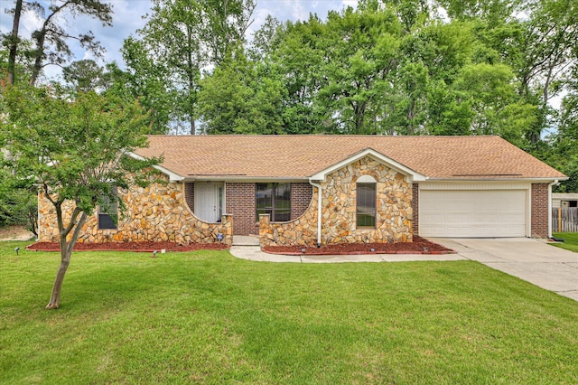 2979 Foxhall Cir, Augusta, GA 30907 - ranch-style house with a garage, a front lawn, concrete driveway, a shingled roof, and stone siding