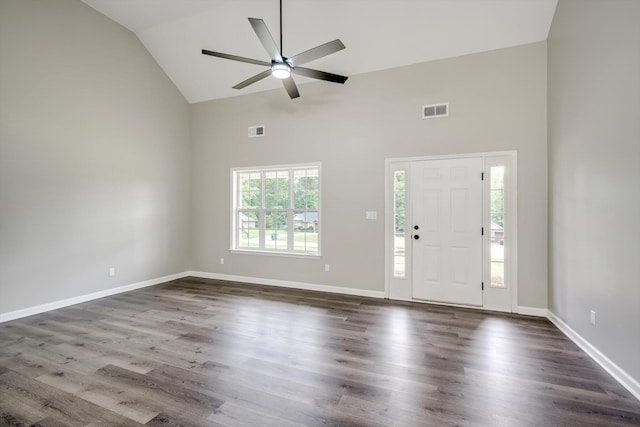 1178 Huntly Cir, Thomson, GA 30824 - foyer featuring high vaulted ceiling, ceiling fan, and dark wood-type flooring