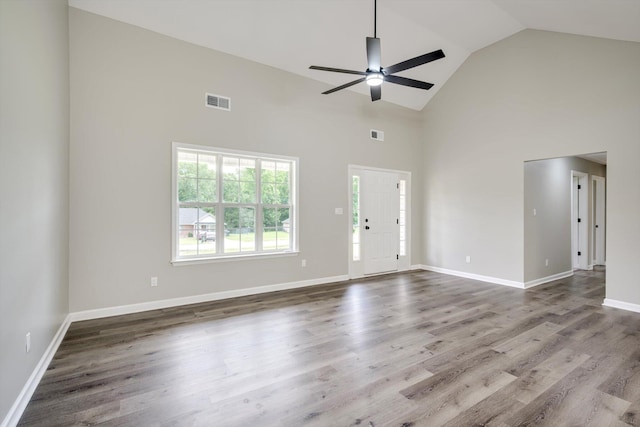 1178 Huntly Cir, Thomson, GA 30824 - unfurnished living room with high vaulted ceiling, ceiling fan, and dark wood-type flooring