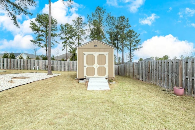 view of shed with a fenced backyard