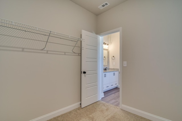 spacious closet featuring light colored carpet, visible vents, and a sink