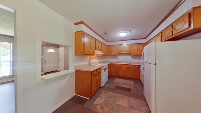 3611 Sturnidae Dr, Augusta, GA 30906 - kitchen featuring white appliances, under cabinet range hood, light countertops, and brown cabinets