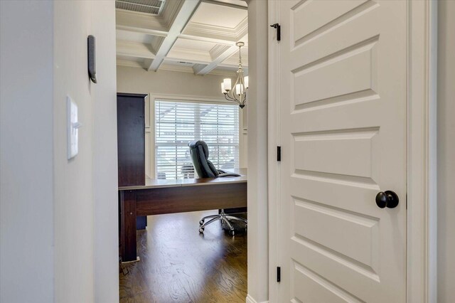 home office with beam ceiling, hardwood / wood-style floors, coffered ceiling, and an inviting chandelier