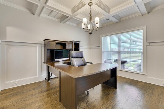 office space with coffered ceiling, beamed ceiling, a wealth of natural light, and a chandelier