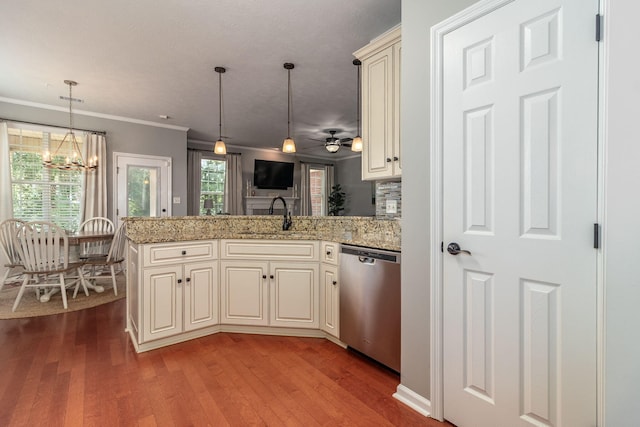 503 Pavilion Ct, Martinez, GA 30907 - kitchen featuring stainless steel dishwasher, a peninsula, wood finished floors, decorative light fixtures, and crown molding