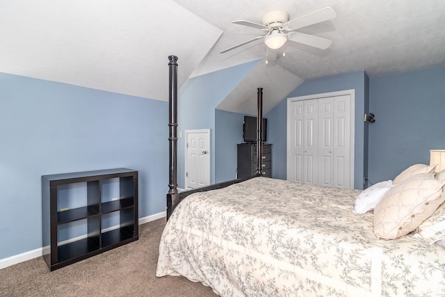 503 Pavilion Ct, Martinez, GA 30907 - bedroom featuring carpet flooring, a closet, vaulted ceiling, and a ceiling fan