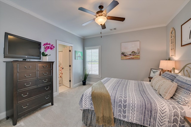 2084 Egret Cir, Evans, GA 30809 - bedroom with light colored carpet, baseboards, crown molding, a ceiling fan, and connected bathroom