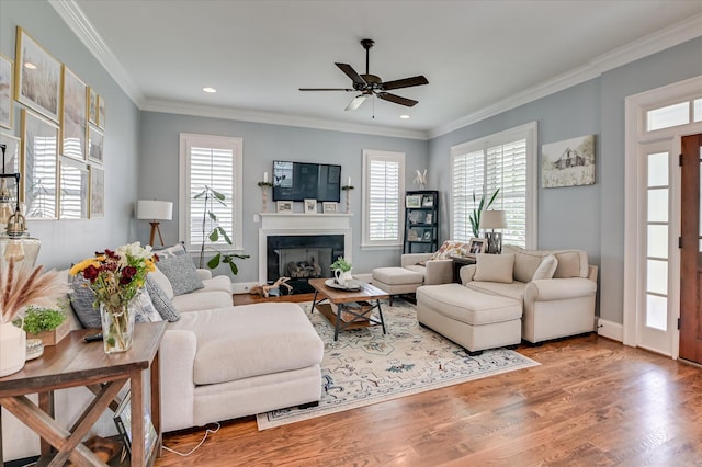 2084 Egret Cir, Evans, GA 30809 - living area featuring plenty of natural light, a ceiling fan, a glass covered fireplace, recessed lighting, and wood finished floors
