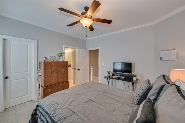 2084 Egret Cir, Evans, GA 30809 - bedroom featuring crown molding, light colored carpet, a ceiling fan, and connected bathroom