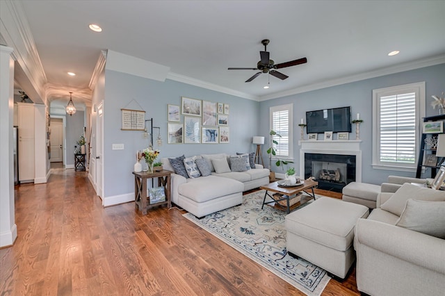 2084 Egret Cir, Evans, GA 30809 - living room with ceiling fan, a glass covered fireplace, wood finished floors, ornamental molding, and recessed lighting