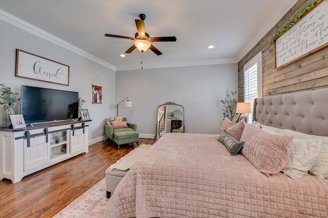 2084 Egret Cir, Evans, GA 30809 - bedroom with wood finished floors, crown molding, recessed lighting, baseboards, and ceiling fan