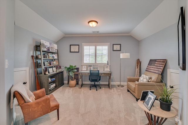 2084 Egret Cir, Evans, GA 30809 - home office with vaulted ceiling, light colored carpet, and baseboards