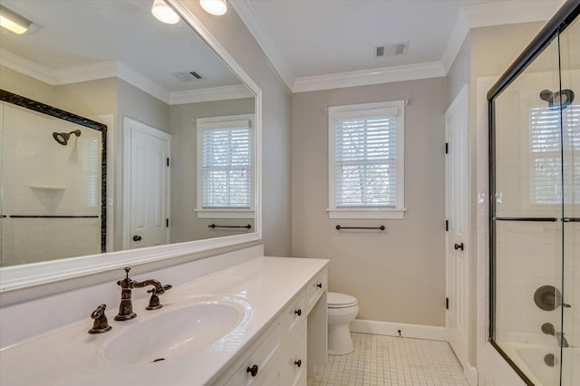 721 Bishops Cir, Evans, GA 30809 - full bathroom with enclosed tub / shower combo, vanity, toilet, crown molding, and tile patterned floors