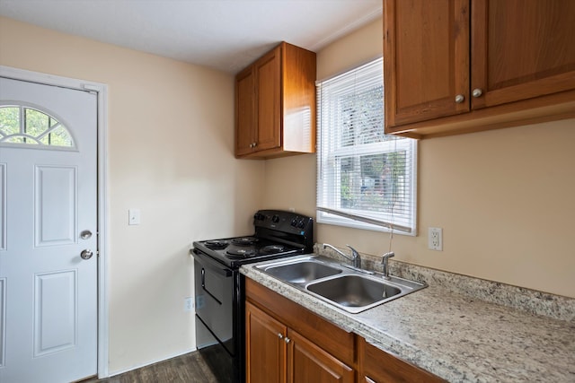 kitchen featuring a healthy amount of sunlight, sink, dark wood-type flooring, and electric range