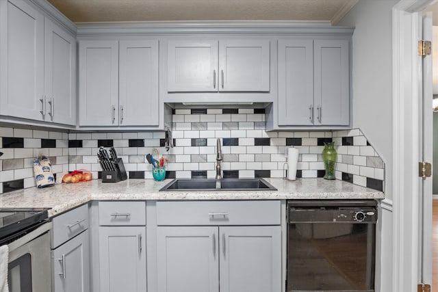 1737 Tamarind Way, Augusta, GA 30906 - kitchen with dishwasher, gray cabinetry, decorative backsplash, crown molding, and stainless steel range with electric cooktop