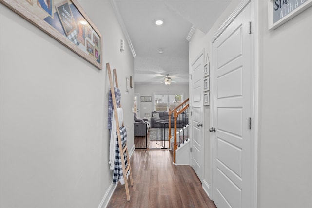 604 Garland Trl, Harlem, GA 30814 - hallway with baseboards, recessed lighting, ornamental molding, and dark wood finished floors