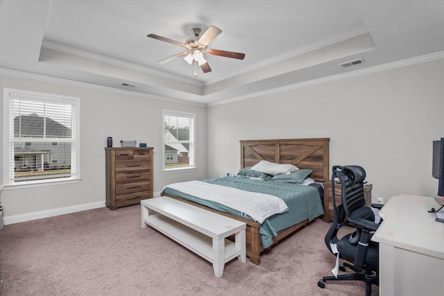 604 Garland Trl, Harlem, GA 30814 - bedroom with crown molding, ceiling fan, light carpet, a tray ceiling, and visible vents