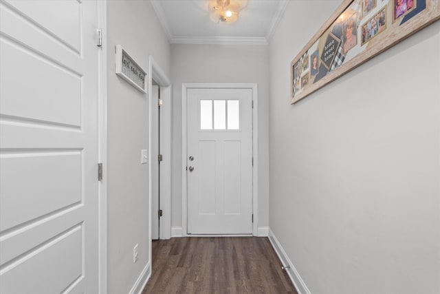 604 Garland Trl, Harlem, GA 30814 - doorway featuring baseboards, dark wood-style floors, and ornamental molding